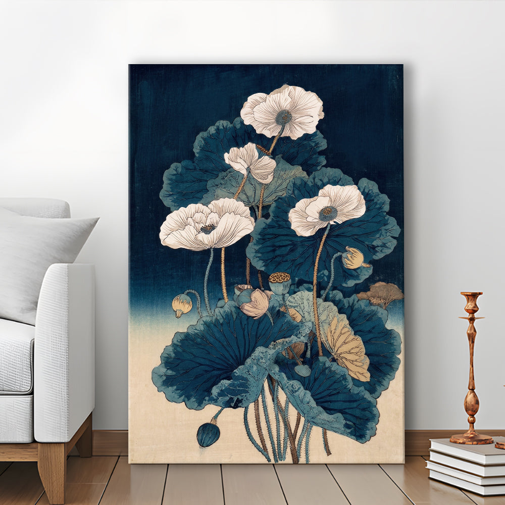 Blue Japanese Woodblock Print, Vintage Lotus Flower Art, Traditional, Canvas Print, Canvas Decor
