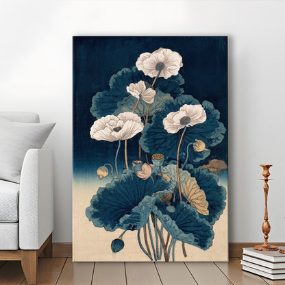 Blue Japanese Woodblock Print, Vintage Lotus Flower Art, Traditional, Canvas Print, Canvas Decor