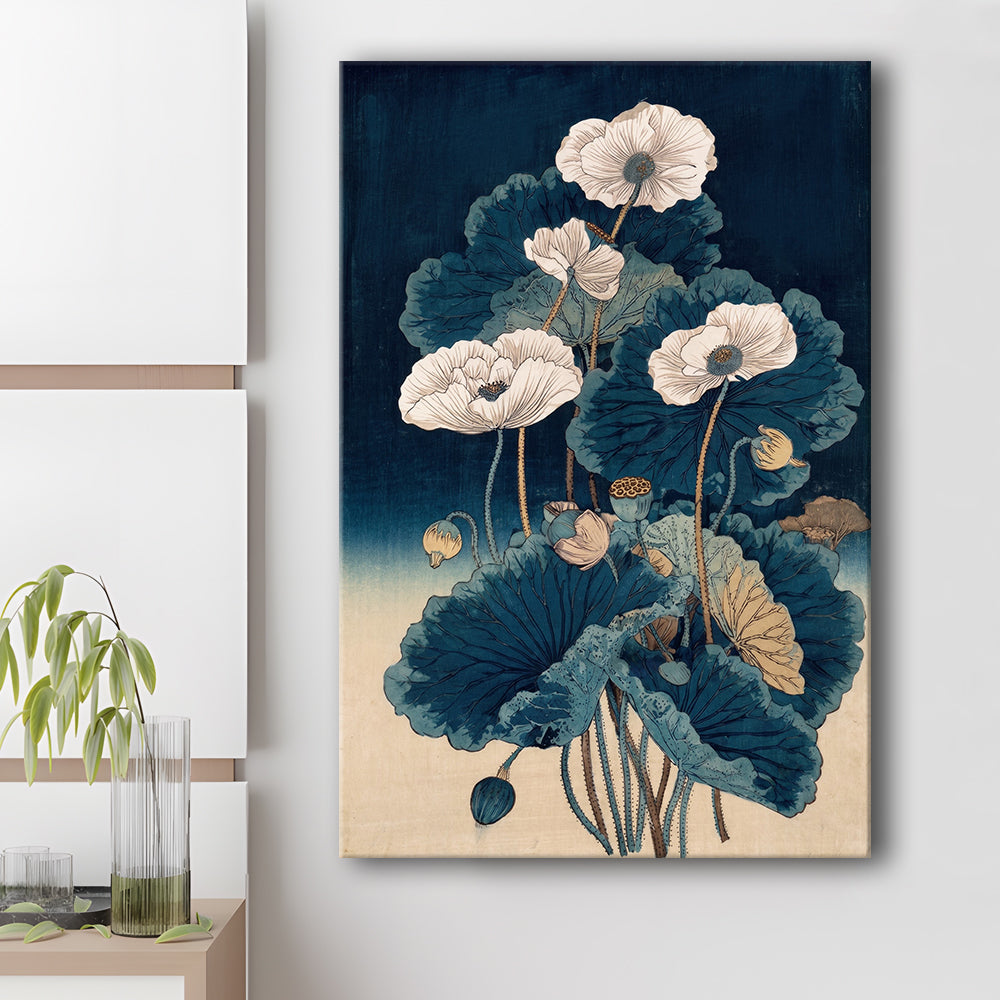 Blue Japanese Woodblock Print, Vintage Lotus Flower Art, Traditional, Canvas Print, Canvas Decor