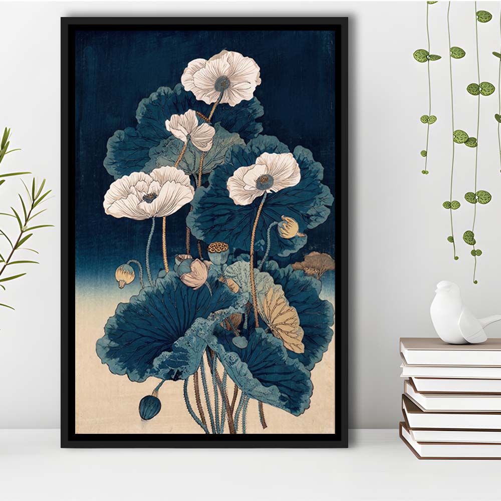 Blue Japanese Woodblock Print, Vintage Lotus Flower Art, Traditional, Framed Canvas Print, Floating Frame