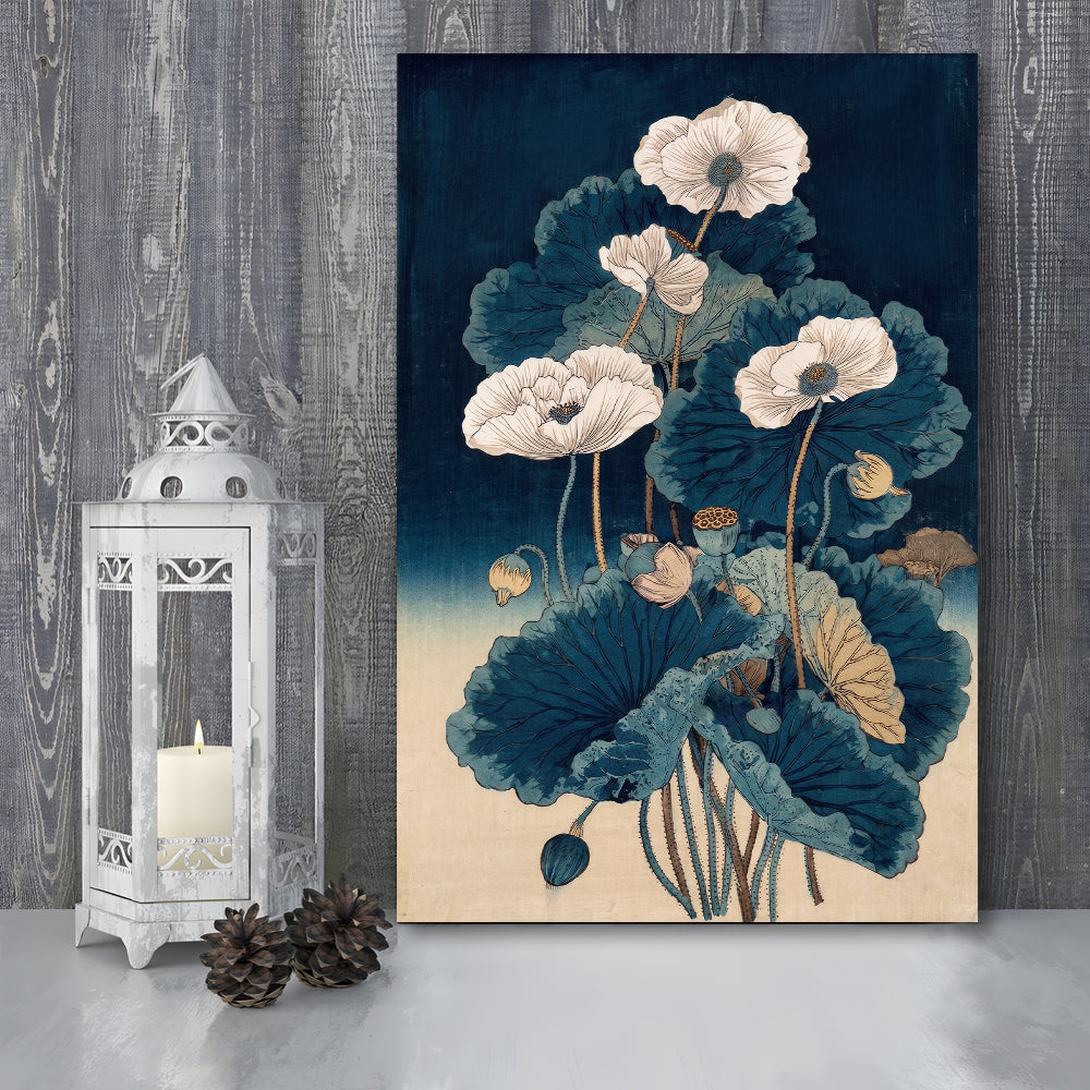 Blue Japanese Woodblock Print, Vintage Lotus Flower Art, Traditional, Canvas Print, Canvas Decor