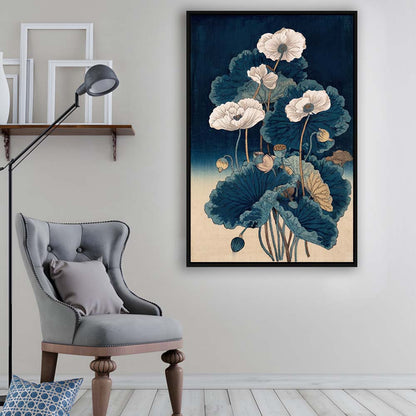 Blue Japanese Woodblock Print, Vintage Lotus Flower Art, Traditional, Framed Canvas Print, Floating Frame