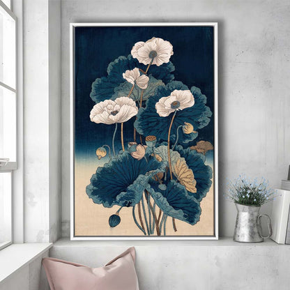 Blue Japanese Woodblock Print, Vintage Lotus Flower Art, Traditional, Framed Canvas Print, Floating Frame