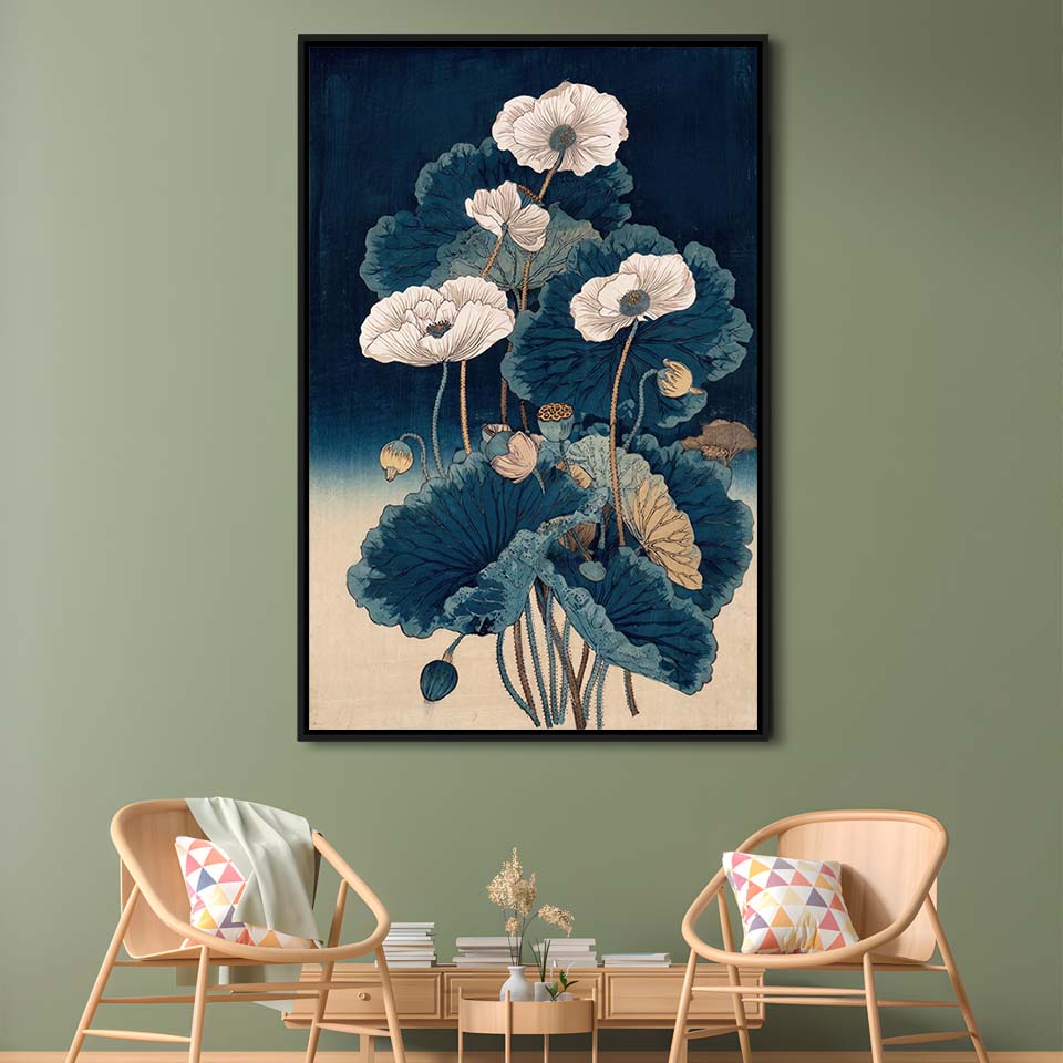 Blue Japanese Woodblock Print, Vintage Lotus Flower Art, Traditional, Framed Canvas Print, Floating Frame