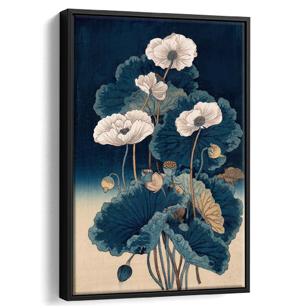 Blue Japanese Woodblock Print, Vintage Lotus Flower Art, Traditional, Framed Canvas Print, Floating Frame
