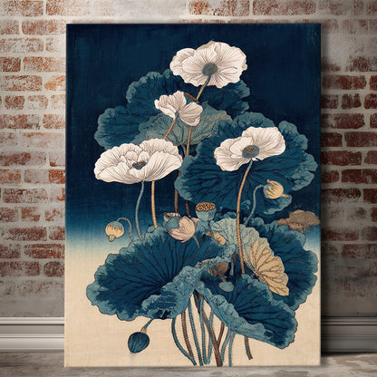 Blue Japanese Woodblock Print, Vintage Lotus Flower Art, Traditional, Canvas Print, Canvas Decor