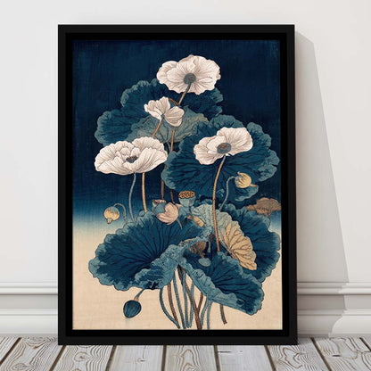 Blue Japanese Woodblock Print, Vintage Lotus Flower Art, Traditional, Framed Canvas Print, Floating Frame