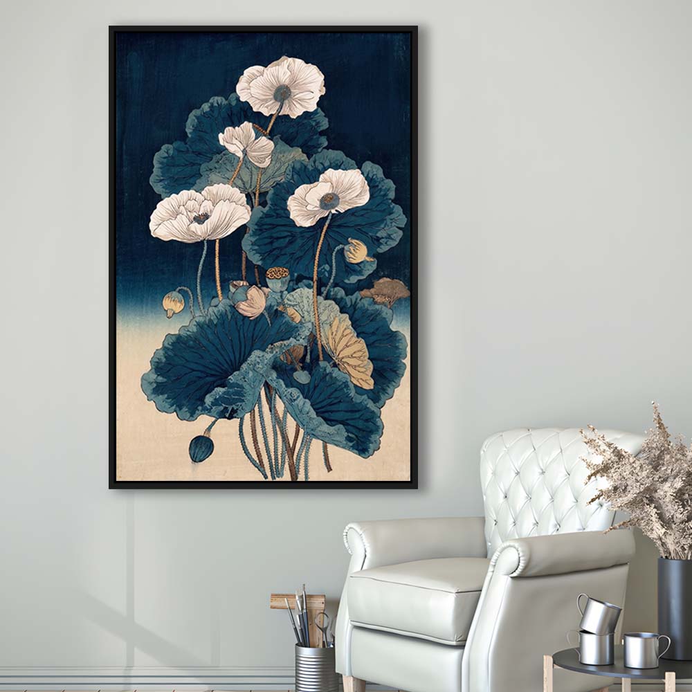Blue Japanese Woodblock Print, Vintage Lotus Flower Art, Traditional, Framed Canvas Print, Floating Frame