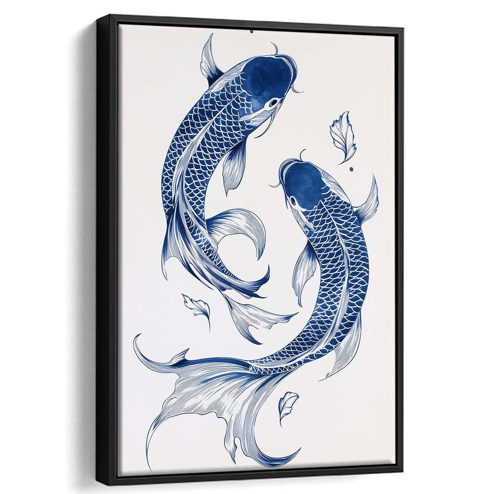 Blue Koi Print, Vintage Print, Trendy Wall Art, Aesthetic Wall Art, Gift Idea, Framed Canvas Print, Floating Frame