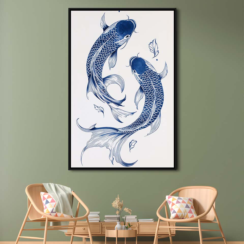 Blue Koi Print, Vintage Print, Trendy Wall Art, Aesthetic Wall Art, Gift Idea, Framed Canvas Print, Floating Frame