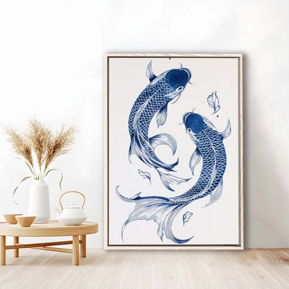 Blue Koi Print, Vintage Print, Trendy Wall Art, Aesthetic Wall Art, Gift Idea, Framed Canvas Print, Floating Frame