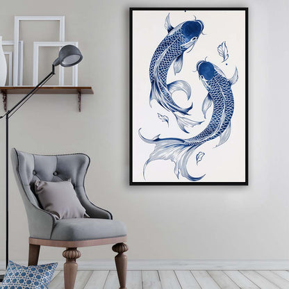 Blue Koi Print, Vintage Print, Trendy Wall Art, Aesthetic Wall Art, Gift Idea, Framed Canvas Print, Floating Frame