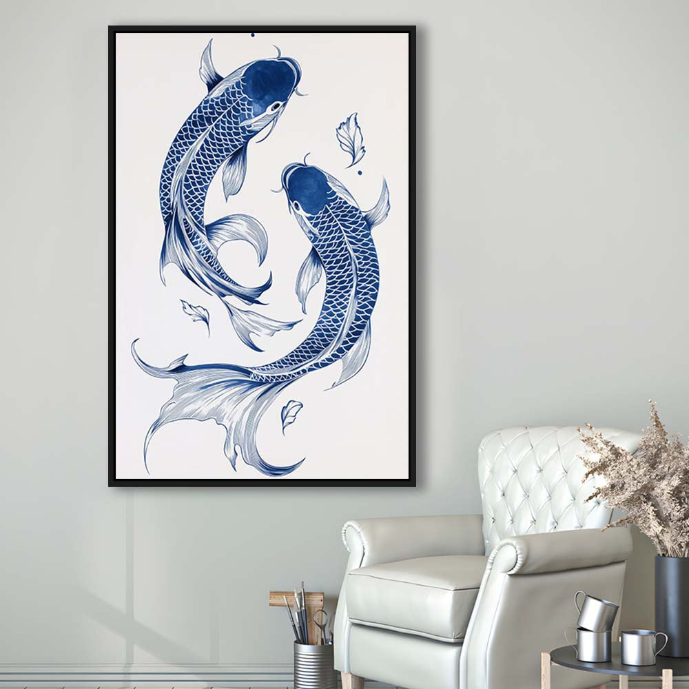 Blue Koi Print, Vintage Print, Trendy Wall Art, Aesthetic Wall Art, Gift Idea, Framed Canvas Print, Floating Frame