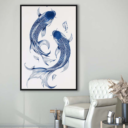 Blue Koi Print, Vintage Print, Trendy Wall Art, Aesthetic Wall Art, Gift Idea, Framed Canvas Print, Floating Frame
