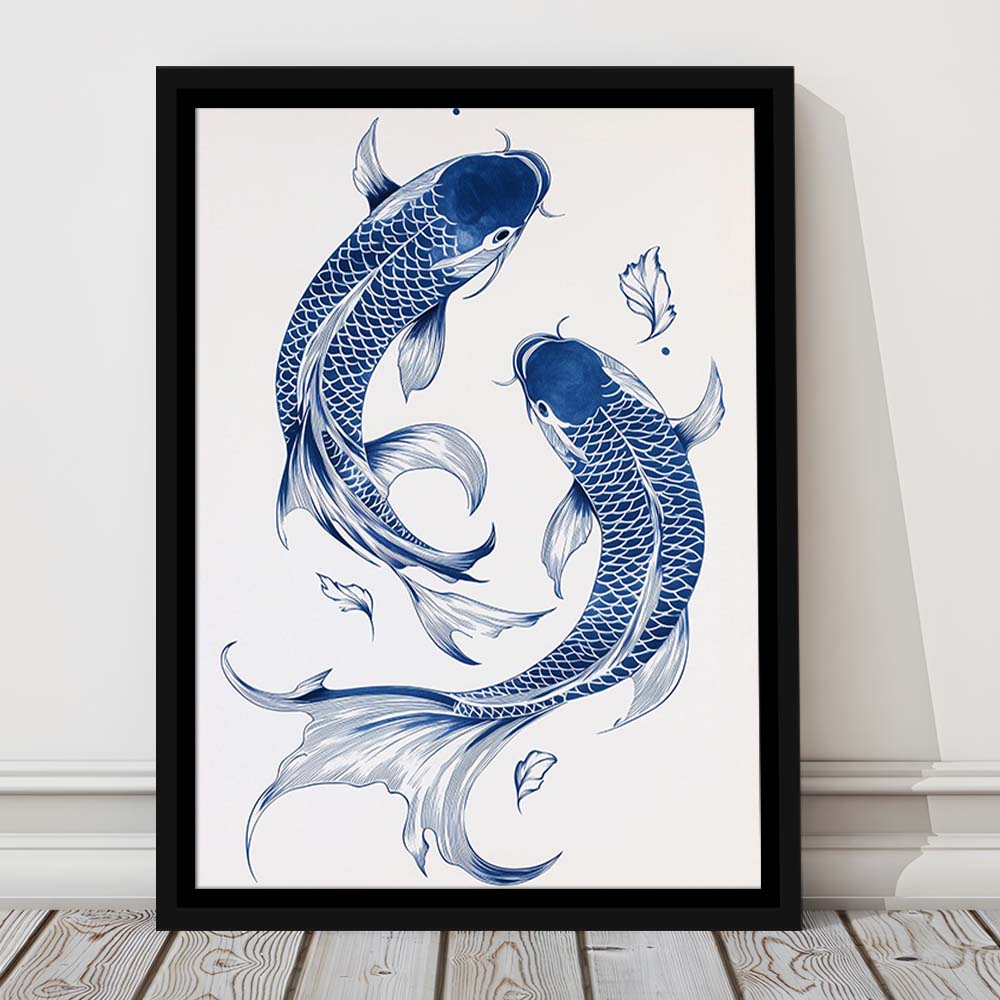 Blue Koi Print, Vintage Print, Trendy Wall Art, Aesthetic Wall Art, Gift Idea, Framed Canvas Print, Floating Frame
