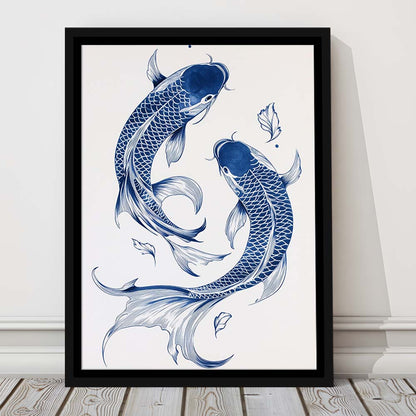 Blue Koi Print, Vintage Print, Trendy Wall Art, Aesthetic Wall Art, Gift Idea, Framed Canvas Print, Floating Frame
