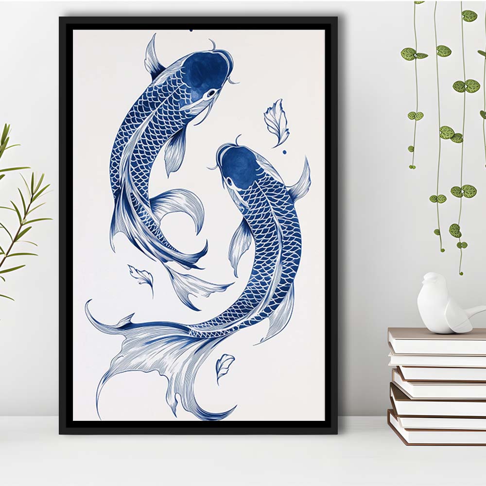 Blue Koi Print, Vintage Print, Trendy Wall Art, Aesthetic Wall Art, Gift Idea, Framed Canvas Print, Floating Frame