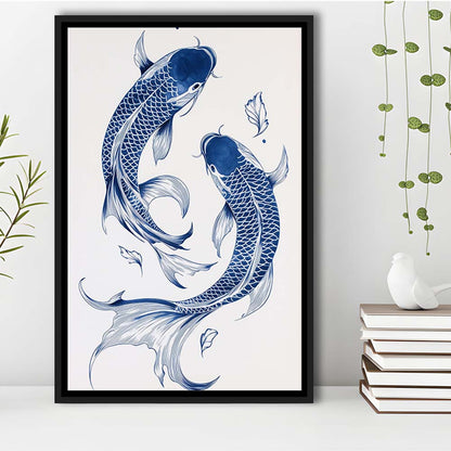 Blue Koi Print, Vintage Print, Trendy Wall Art, Aesthetic Wall Art, Gift Idea, Framed Canvas Print, Floating Frame