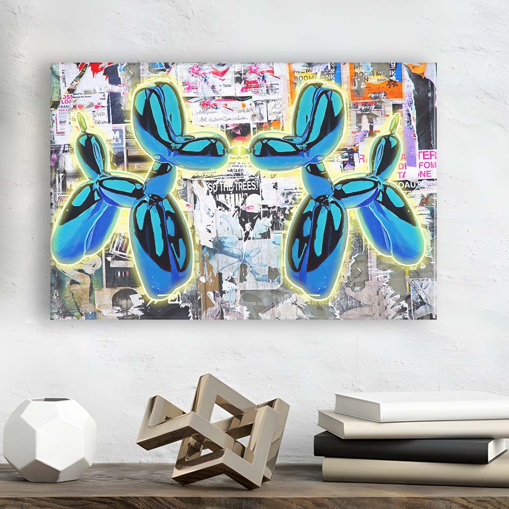 Blue Twin Balloon Dog Art Print, Canvas Print Wall Art, Wall Decor, Neon Effect Art