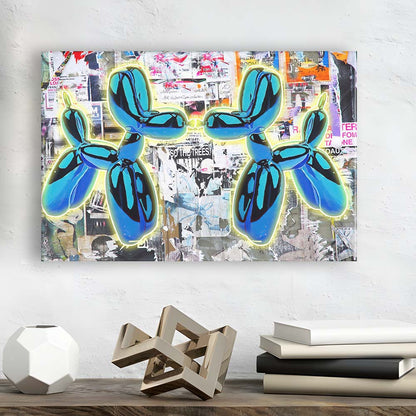 Blue Twin Balloon Dog Art Print, Canvas Print Wall Art, Wall Decor, Neon Effect Art