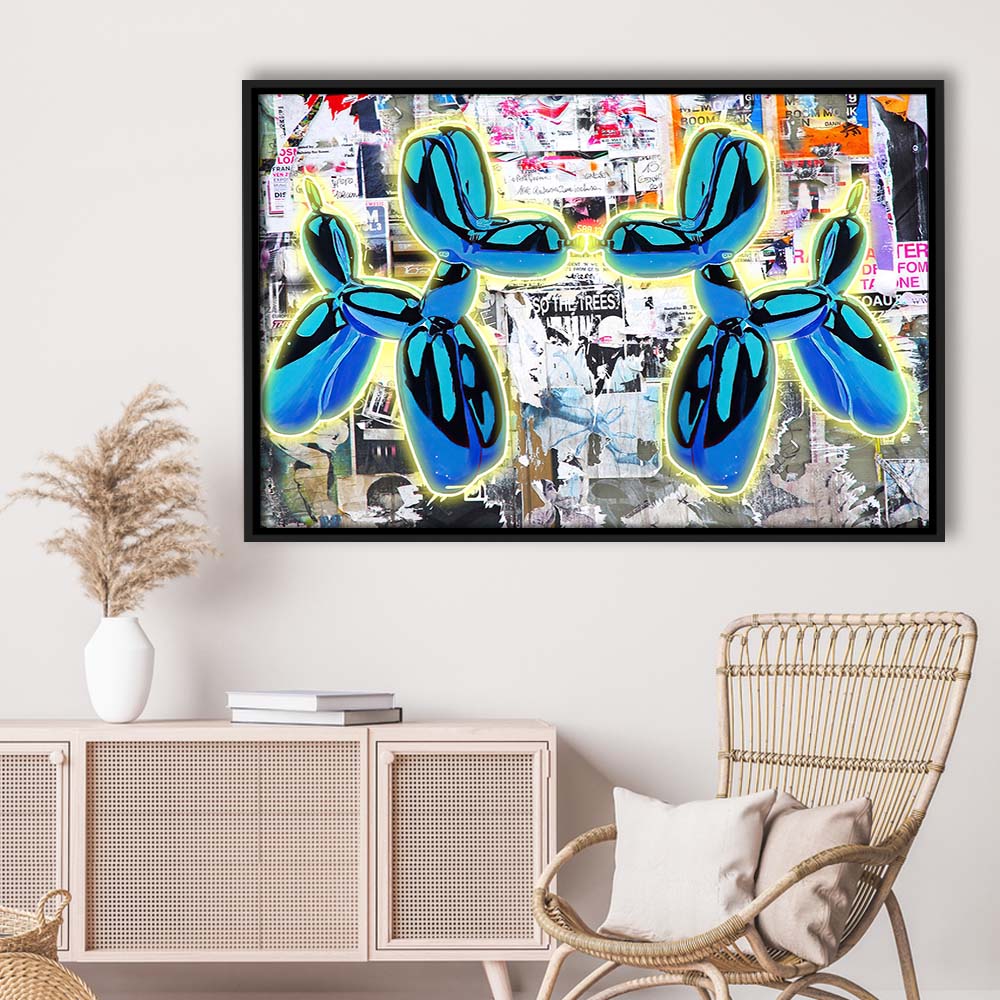 Blue Twin Balloon Dog Art Print, Framed Canvas Print Wall Art Decor, Floating Frame, Neon Effect Art