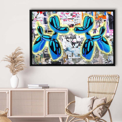 Blue Twin Balloon Dog Art Print, Framed Canvas Print Wall Art Decor, Floating Frame, Neon Effect Art