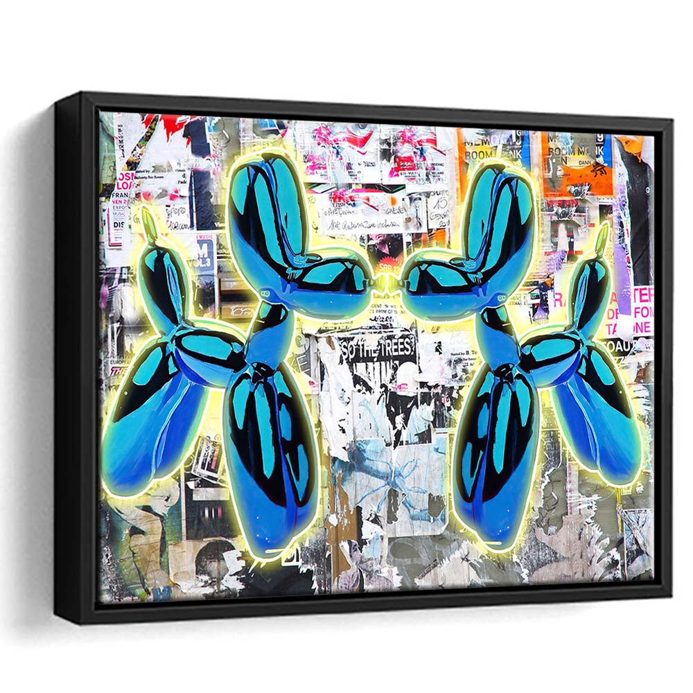Blue Twin Balloon Dog Art Print, Framed Canvas Print Wall Art Decor, Floating Frame, Neon Effect Art