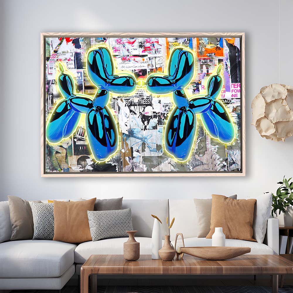 Blue Twin Balloon Dog Art Print, Framed Canvas Print Wall Art Decor, Floating Frame, Neon Effect Art