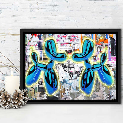 Blue Twin Balloon Dog Art Print, Framed Canvas Print Wall Art Decor, Floating Frame, Neon Effect Art