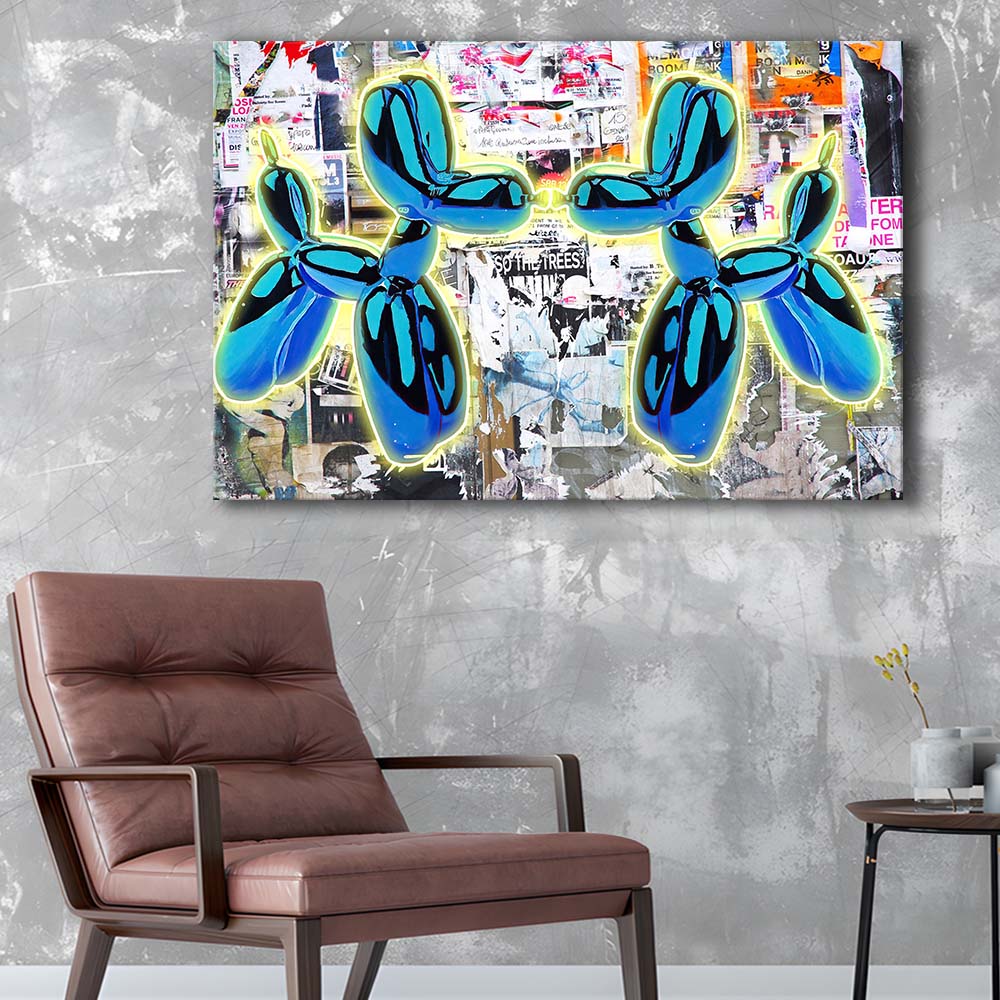 Blue Twin Balloon Dog Art Print, Canvas Print Wall Art, Wall Decor, Neon Effect Art