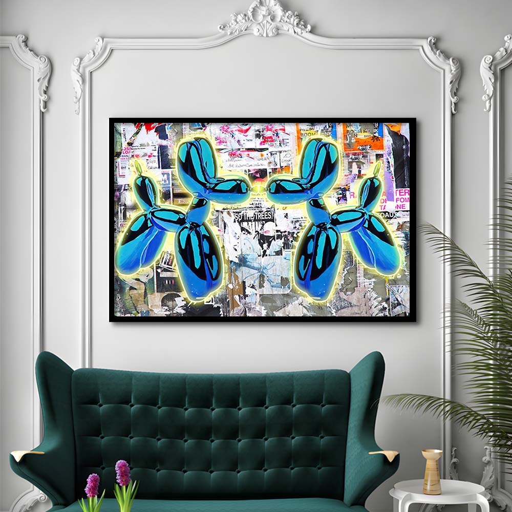 Blue Twin Balloon Dog Art Print, Framed Art Print Wall Decor, Neon Art Print, Picture Framed