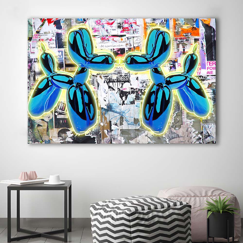 Blue Twin Balloon Dog Art Print, Canvas Print Wall Art, Wall Decor, Neon Effect Art