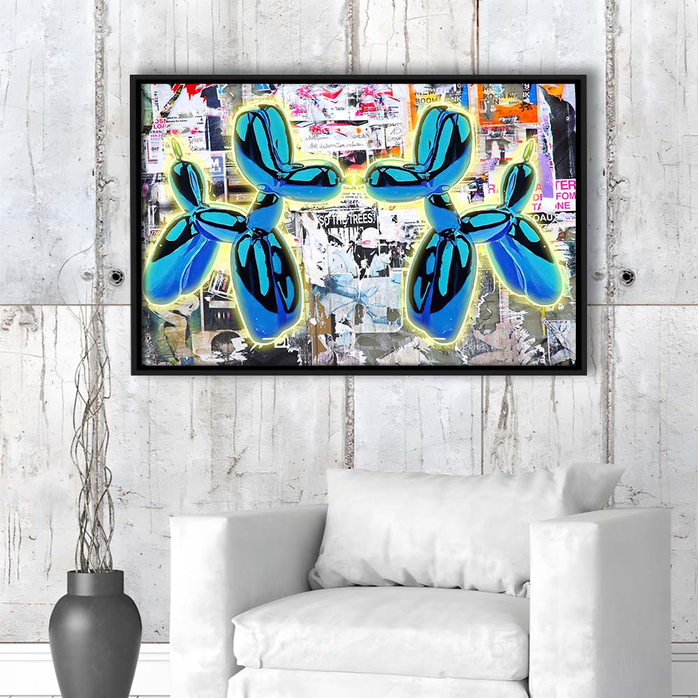 Blue Twin Balloon Dog Art Print, Framed Canvas Print Wall Art Decor, Floating Frame, Neon Effect Art