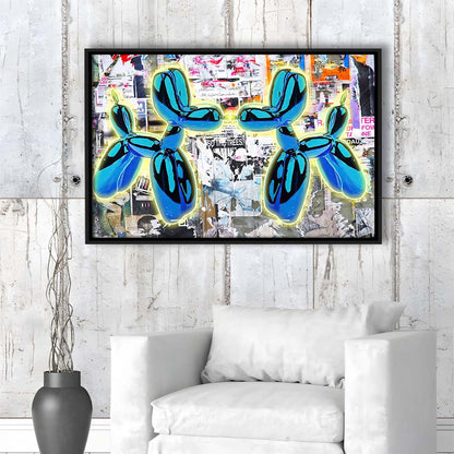 Blue Twin Balloon Dog Art Print, Framed Canvas Print Wall Art Decor, Floating Frame, Neon Effect Art