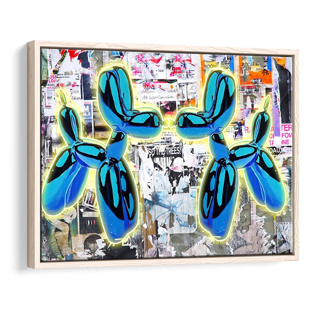 Blue Twin Balloon Dog Art Print, Framed Canvas Print Wall Art Decor, Floating Frame, Neon Effect Art