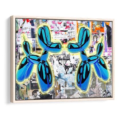 Blue Twin Balloon Dog Art Print, Framed Canvas Print Wall Art Decor, Floating Frame, Neon Effect Art
