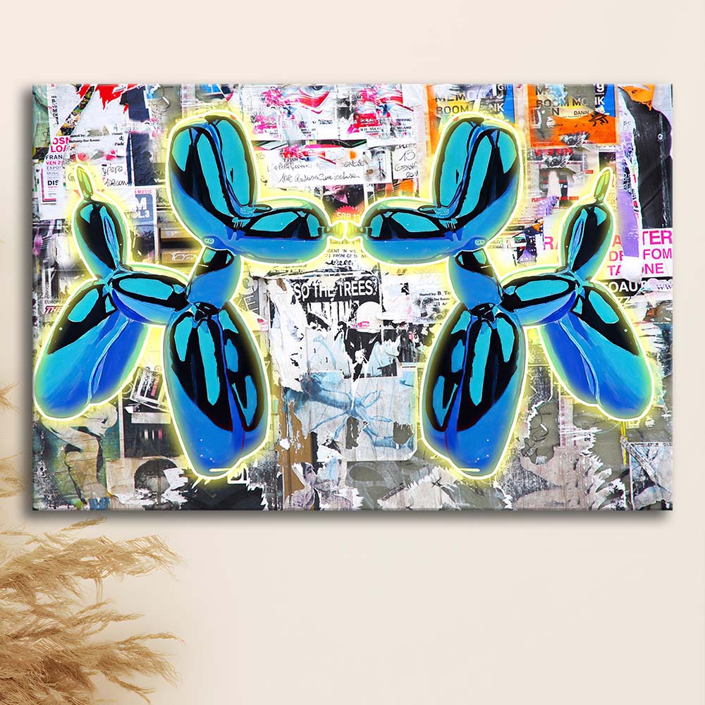 Blue Twin Balloon Dog Art Print, Canvas Print Wall Art, Wall Decor, Neon Effect Art