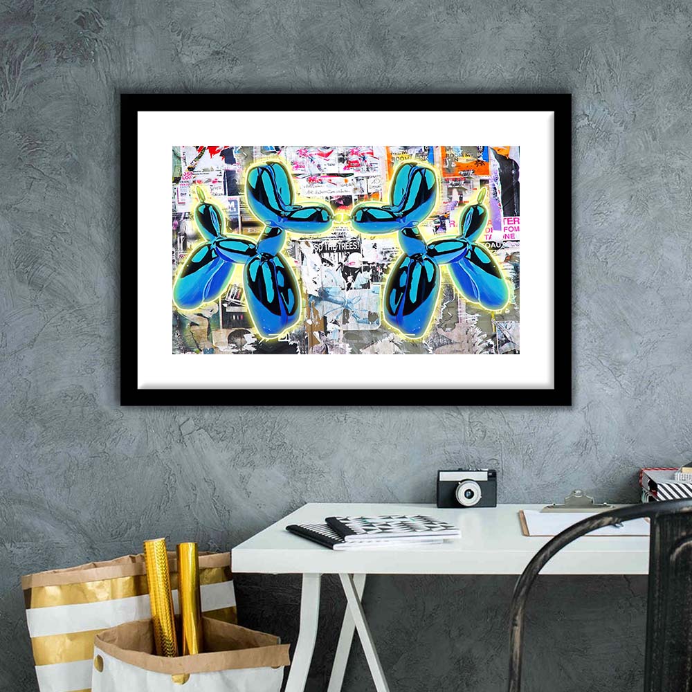 Blue Twin Balloon Dog Art Print, Framed Art Print Wall Decor, White Border, Framed Picture