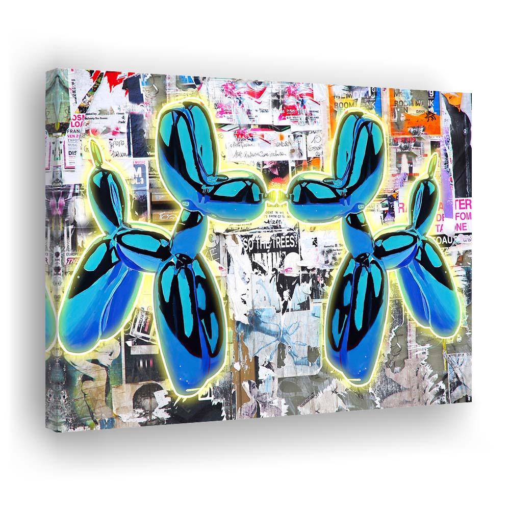 Blue Twin Balloon Dog Art Print, Canvas Print Wall Art, Wall Decor, Neon Effect Art