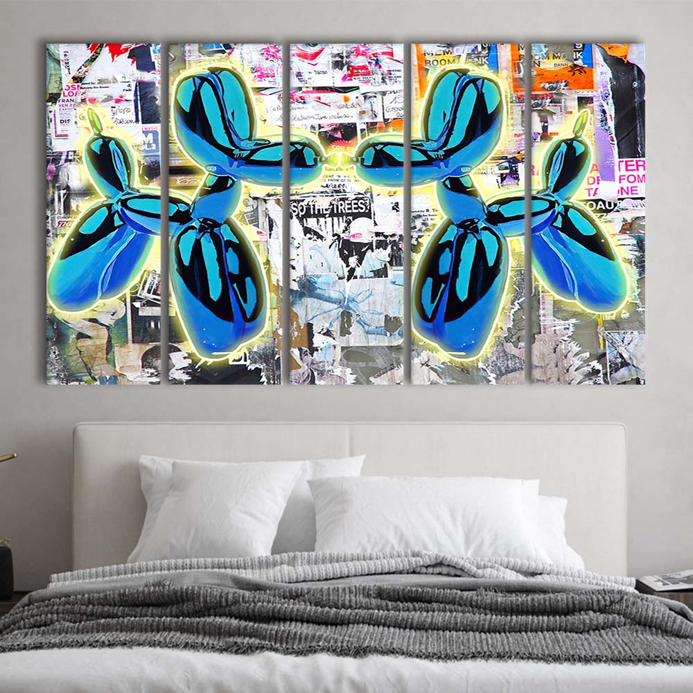 Blue Twin Balloon Dog Art Print, Extra Large 5 Panels Multi Canvas Print Wall Art, Home Decor