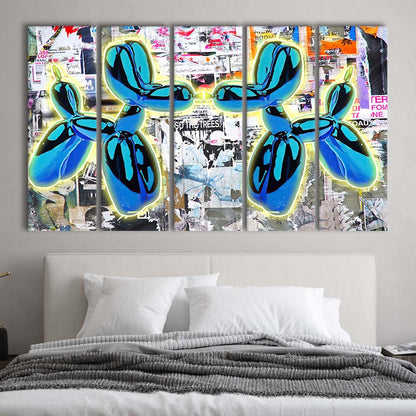Blue Twin Balloon Dog Art Print, Extra Large 5 Panels Multi Canvas Print Wall Art, Home Decor