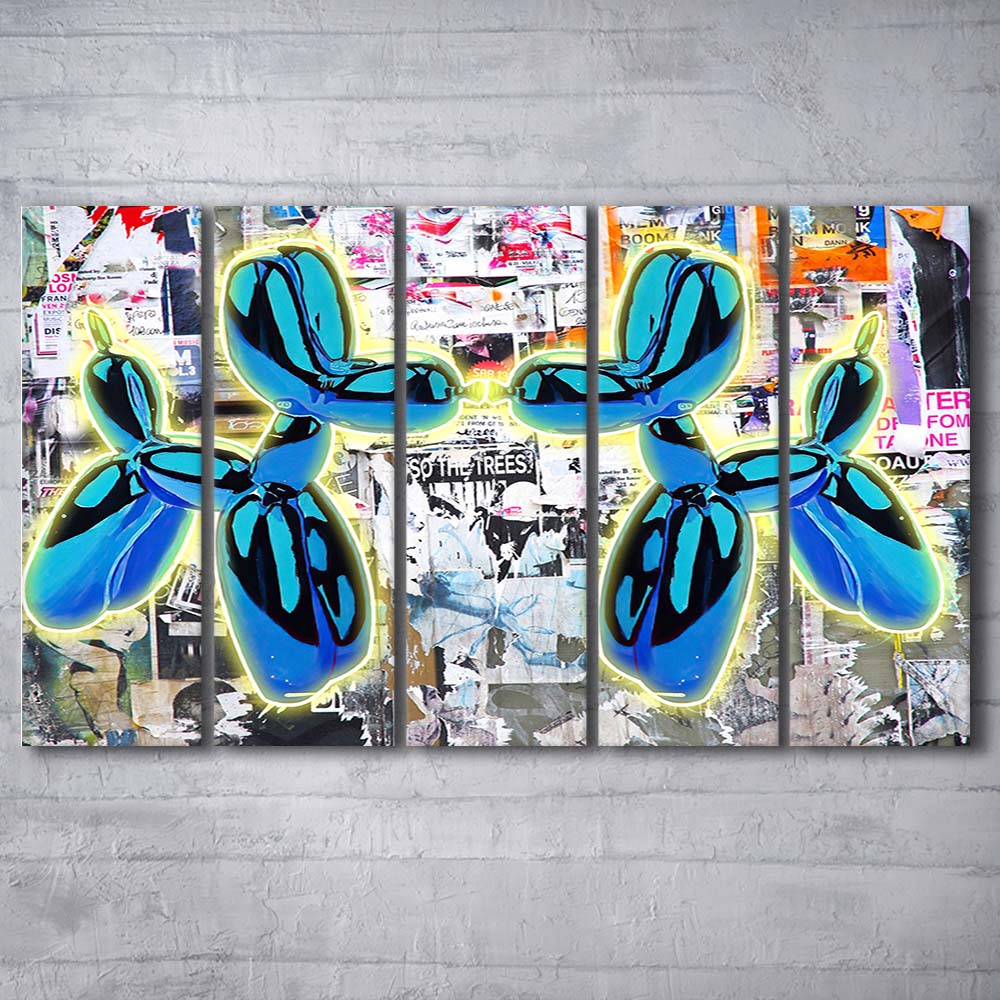 Blue Twin Balloon Dog Art Print, Extra Large 5 Panels Multi Canvas Print Wall Art, Home Decor