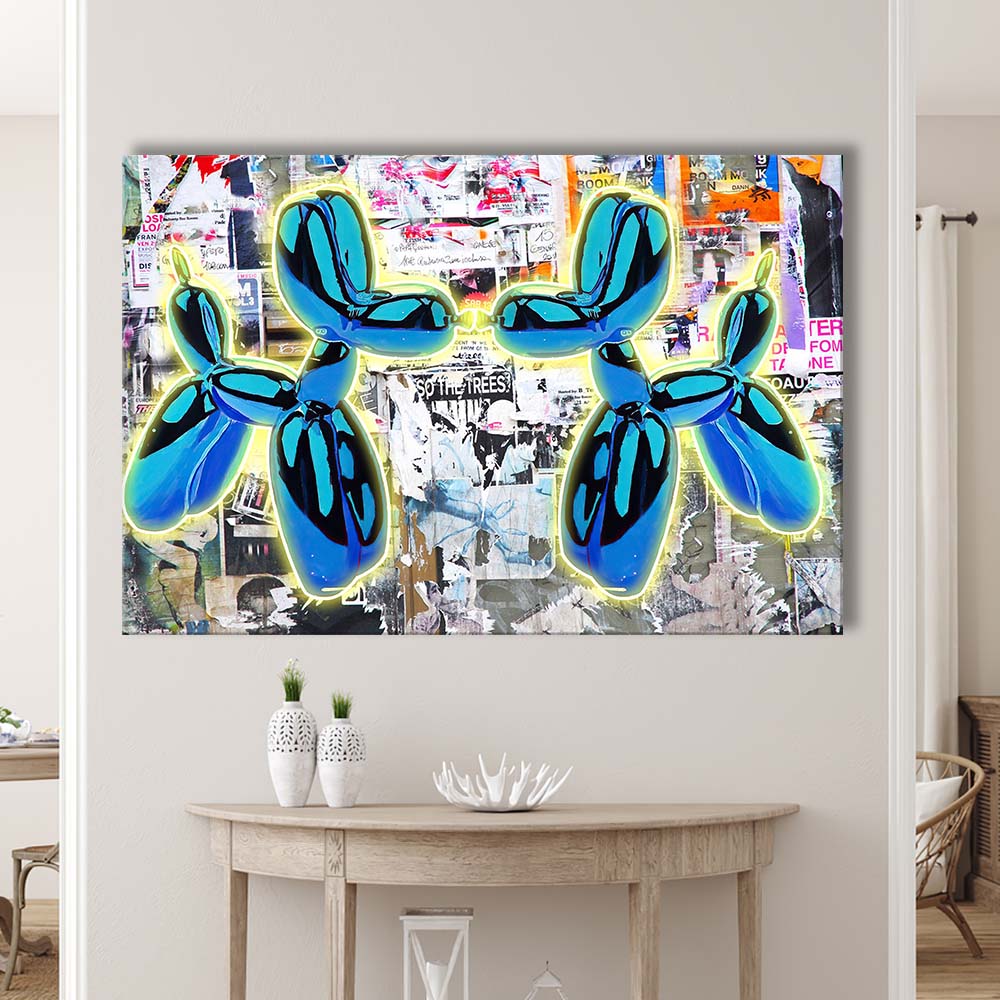 Blue Twin Balloon Dog Art Print, Canvas Print Wall Art, Wall Decor, Neon Effect Art