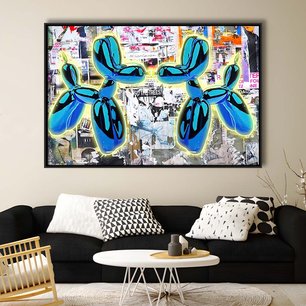 Blue Twin Balloon Dog Art Print, Framed Canvas Print Wall Art Decor, Floating Frame, Neon Effect Art