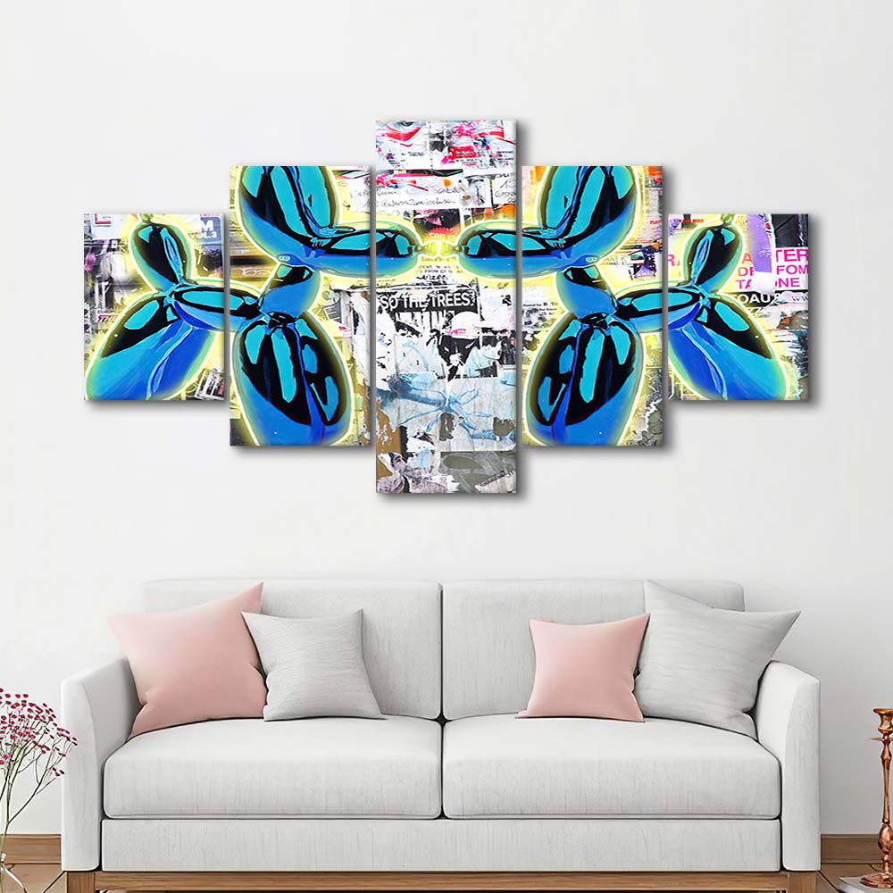 Blue Twin Balloon Dog Art Print, 5 Panel Mixed Canvas Print Wall Art, Home Decor, Neon Canvas