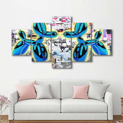 Blue Twin Balloon Dog Art Print, 5 Panel Mixed Canvas Print Wall Art, Home Decor, Neon Canvas