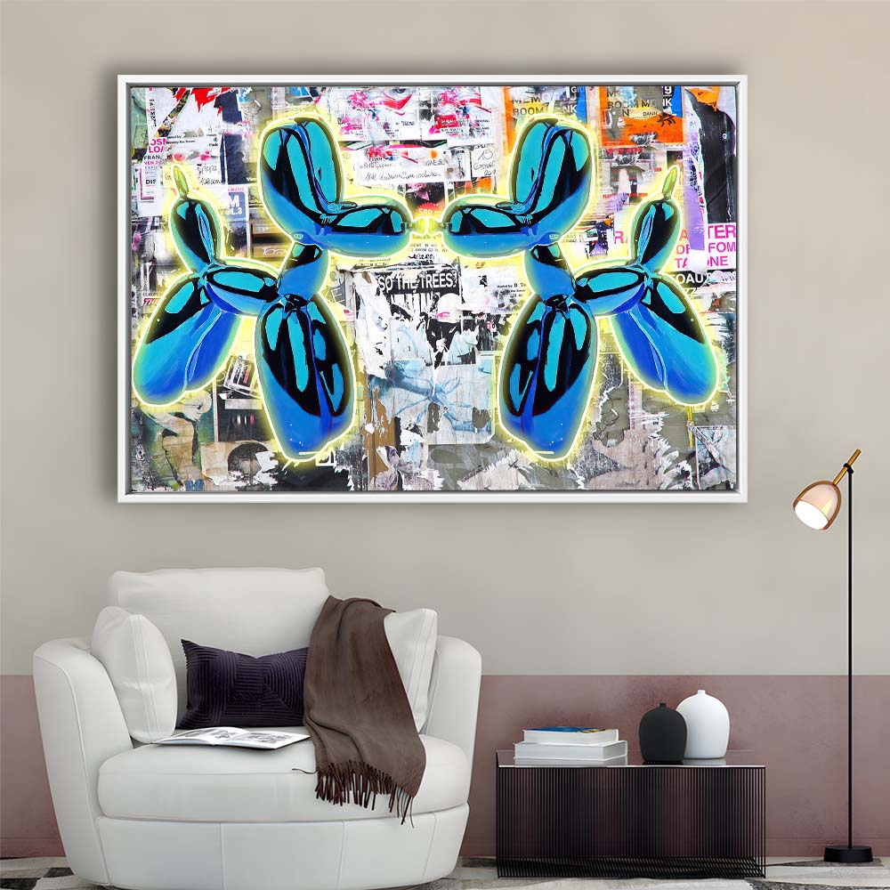 Blue Twin Balloon Dog Art Print, Framed Canvas Print Wall Art Decor, Floating Frame, Neon Effect Art