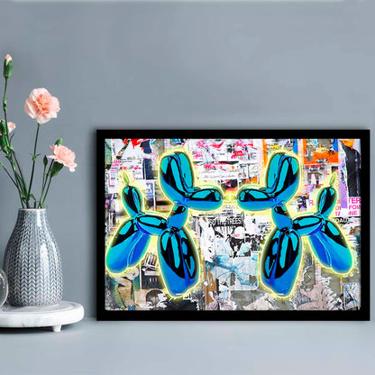 Blue Twin Balloon Dog Art Print, Framed Art Print Wall Decor, Neon Art Print, Picture Framed