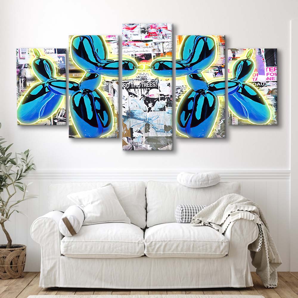 Blue Twin Balloon Dog Art Print, 5 Panel Mixed Canvas Print Wall Art, Home Decor, Neon Canvas