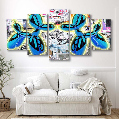 Blue Twin Balloon Dog Art Print, 5 Panel Mixed Canvas Print Wall Art, Home Decor, Neon Canvas